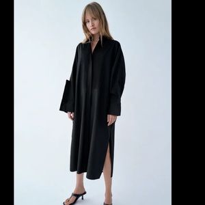 Zara Black Oversized pintuck  & pleated poplin Midi dress with open sides